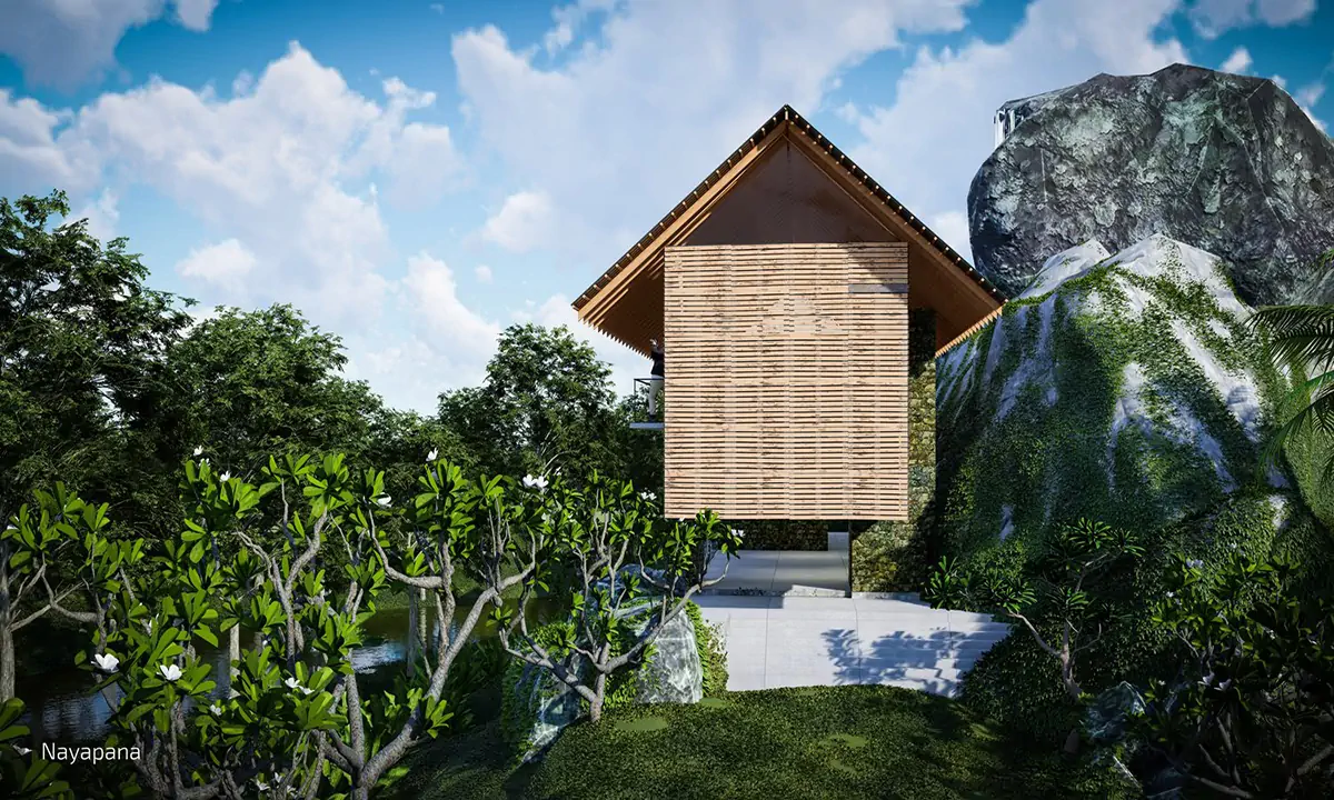 Rendering of a timber-clad gable between rock outcrops, reached by a path through the trees